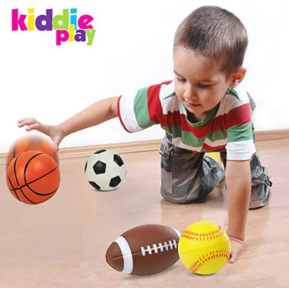 Kiddie Play Soft Foam Balls for Toddlers & Kids (Set of 4) | 4" Soccer Ball, Baseball, Basketball, and 6" Football