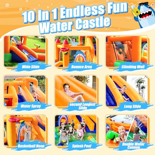 Inflatable Bounce House, Triple Water Slide for Kids with Double Cannon, Climbing Wall, Jumping, Splash Pool, Basketball Hoop for Outdoor Backyard Party, 10 in 1 Giant Castle Included 550W Air Blower