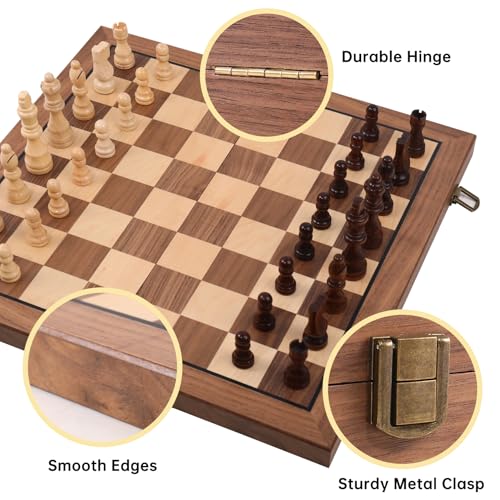 Ajedrez Magnetic Wooden Chess Set, 15" Walnut Folding Chess Board with Handcrafted Pieces 2 Extra Queens, Portable Travel Chess Board Game for Adults Kids, Gift Box & Storage Bag - color: Blue