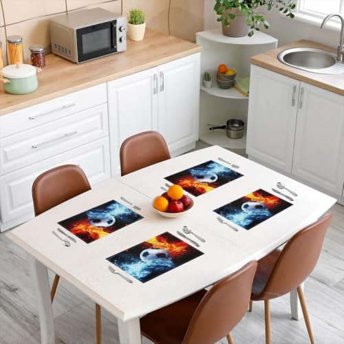 Erosebridal Soccer Placemats Set of 4 12x18 Ice Fire Place Mat for Kids Teens Men Ball Games Lightning Football Sports Blue Red Heat Resisting Table Mats - color: Blue Red