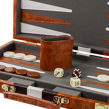15 Inch Travel Backgammon Set for Adults, Classic Board Game with Premium PU Leather Case, Portable Strategy Backgammon Game Set, Brown - color: Brown