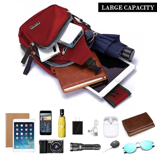 Seoky Rop Men Women Sling Backpack Nylon Water Resistant Shoulder Chest Crossbody Sling Bag with USB Charging Port - color: Red