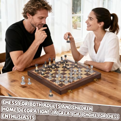 Luxury Large Chess Set 17 Inch Wooden Chess Board with Metal and Acrylic Chess Pieces, 3.5" King, 2 Extra Queens, Foldable Tournament Chess Set for Adults and Kids, Gift Display Chess Game Collection