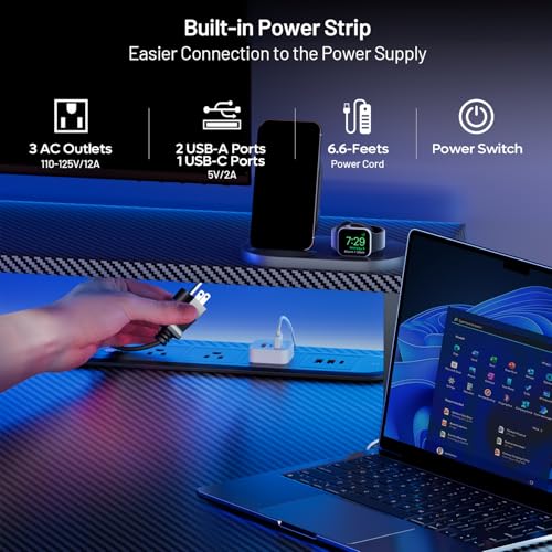 HLDIRECT 63 Inch Gaming Desk with LED Lights & Cable Management, Black | Ergonomic carbon fiber gaming computer desk with 5 sockets, monitor stand, cup holder, headphone hook & mouse pad for gamers - size: 63INCH