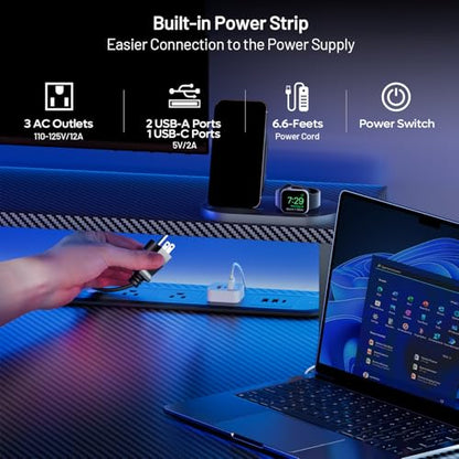HLDIRECT 63 Inch Gaming Desk with LED Lights & Cable Management, Black | Ergonomic carbon fiber gaming computer desk with 5 sockets, monitor stand, cup holder, headphone hook & mouse pad for gamers - size: 63INCH