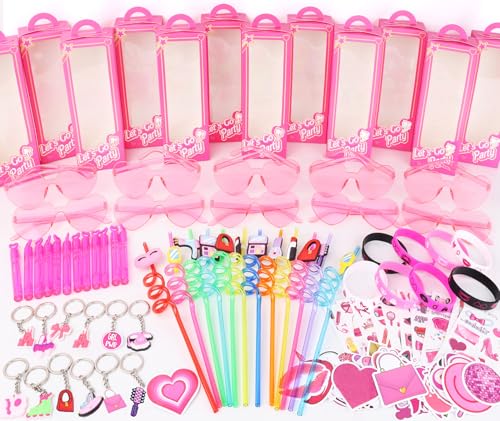 184Pcs Pink Girls Party Favors Pack - For 12Guests, Includ Goodie Box Heart Glasses Straws Bubble Wands Tattoo Sticker Bracelet Keychain, for Kids Girls Birthday Party Decoration Supplies - style: Pink Girls Party Favors