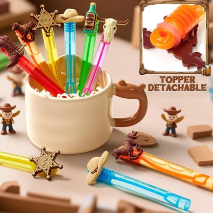 Winrayk Western Cowboy Party Favors, 24Pcs Self-designed Mini Bubble Wands for Kids Bubbles Bulk & Detachable Topper (6 Styles & Colors), Birthday Gift Pinata Filler Goodie Bag Stuffer Classroom Prize - style: Cowboy