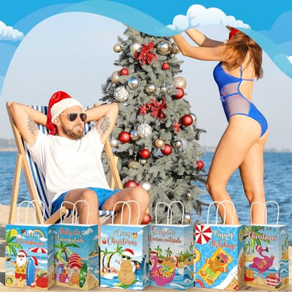 Kolldenn 48 Pcs Hawaiian Christmas Goodie Bags Summer Christmas Party Favor Bag Xmas Gift Paper Bags with Handle Tropical Beach Santa Flamingo Candy Treat Pouch for Xmas Pool Birthday Party - style: July Christmas