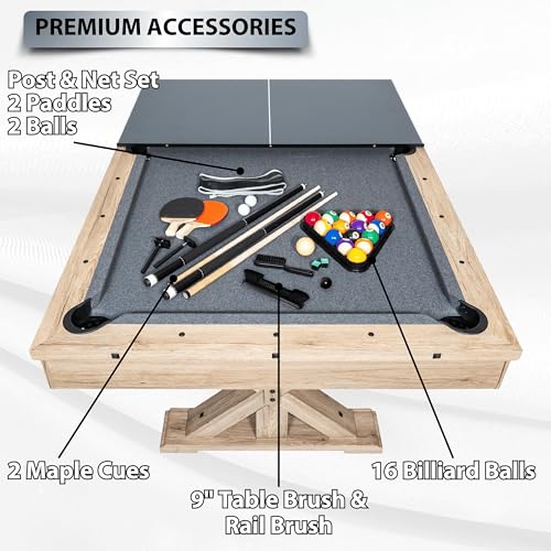 7' 3 in 1 Multi Game Pool Table with Dining Top Pool Ping Pong Table Combo with Dual Storage Bench Seating. Includes Billiards, Ping Pong Accessories. (Rustic Oak with Grey Felt)