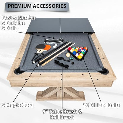 7' 3 in 1 Multi Game Pool Table with Dining Top Pool Ping Pong Table Combo with Dual Storage Bench Seating. Includes Billiards, Ping Pong Accessories. (Rustic Oak with Grey Felt)