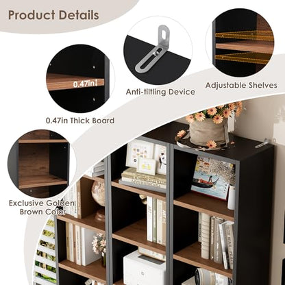 FOTOSOK 8-Tier Media Tower Rack, 11.6 X 9.3 X 71 Inches CD DVD Slim Storage Cabinet with Adjustable Shelves, Tall Narrow Bookcase Display Bookshelf for Home Office, Black/Brown - color: Black/Brown