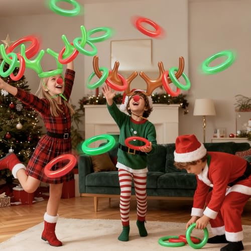 Christmas Reindeer Antler Ring Toss,Christmas Party Games for Kids Family 2 Set 10 PCS Inflatable Antler Hat Rings Christmas Party Favor Decorations Gifts Grandkids Stocking Stuffers Carnival Holiday