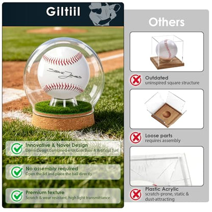 Real Glass Baseball Display Case - UV Protected Dome Tabletop Box with Cork Base & Faux Grass for a Single Official, Signed or Game-Used Baseball (Cloche Dome)
