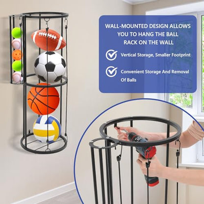 Garage Ball Storage Rack Wall Mount, Vertical Sports Ball Organizer with Small Ball Holder Basketball Soccer Volleyball Football Holder, Space Saving Metal Ball Rack for Garage, Gym, Playroom