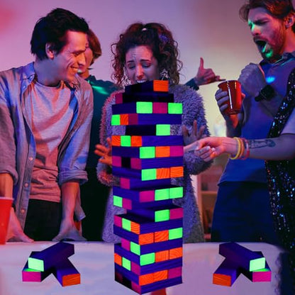 Ahuimeius 54 Piece Giant Tumble Tower Outdoor Games, Glow in the Blacklight Tumble Tower Yard Games,Outdoor Board Game for Adults for Family Game Night (Giant)