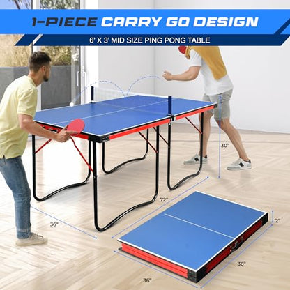 SereneLife Midsize Foldable Ping Pong Table Set with Net, Clipper, Post - 6' x 3' Portable Space-Saving Design, Blue