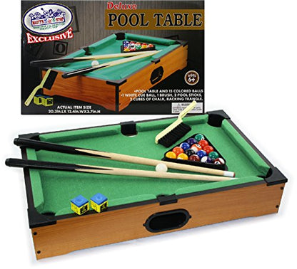 Matty's Toy Stop Deluxe 20" Wooden Table Top Pool (Billiards) Table with 15 Colored Balls, 1 Cue Ball, 1 Brush, 2 Pool Sticks, 2 Cubes of Chalk & Racking Triangle