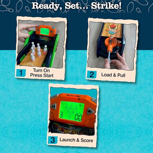 Bowling Game — Electronic Tabletop Arcade Game with LCD Auto Scoring, Lights & Sound, Spring-Loaded Launcher & 1-2 Player Modes — Mini Bowling Set for Kids - style: Bowling