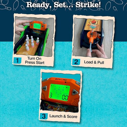 Bowling Game — Electronic Tabletop Arcade Game with LCD Auto Scoring, Lights & Sound, Spring-Loaded Launcher & 1-2 Player Modes — Mini Bowling Set for Kids - style: Bowling
