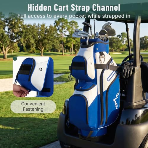 uniHimal Golf Cart Bag, 15 Way Organizer Divider Top with Handles | 15 Separate Compartments,Extra Storage Pockets,Rain Cover,Comfortable carry handles,Tough Abrasion‑Resistant Materials - color: Blue-White
