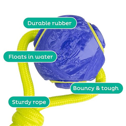 Outward Hound FlyFetch Ball Tug Dog Toy, Durable Rubber & Rope for Fetch and Tug-of-War, Lightweight, Floats, 9" x 3" - color: Ball Tug Purple