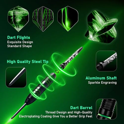 XAWU 3 Pack Steel Tip Darts Set Professional Darts 22g, 24g with 9 Dart Flights 3 Aluminum Shafts 3 Spare Shafts 1 Dart Sharpener 12 Rubber O-Rings Flight Protector and Darts Case - color: ‎22g Green & Black