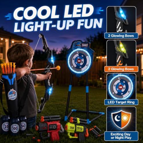 VROGTIK 2 Pack Kids LED Bow and Arrow Set with Standing Target, 20 Suction Cup Arrows, 2 Quivers & Foam Dart Toys, Indoor Outdoor Archery Toy Gift for Boys Girls Ages 3-12 - color: Blue/Green