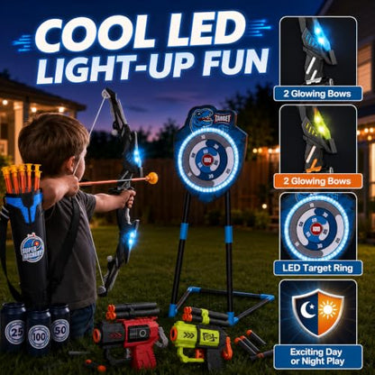 VROGTIK 2 Pack Kids LED Bow and Arrow Set with Standing Target, 20 Suction Cup Arrows, 2 Quivers & Foam Dart Toys, Indoor Outdoor Archery Toy Gift for Boys Girls Ages 3-12 - color: Blue/Green