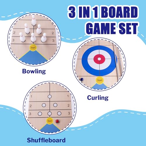 Shuffleboard, Curling and Bowling 3 in 1 Board Game Set,with 8.98 Foot Game Mat,2 Cues,8 Curling Rocks,6 Bowling Pins,Fun Family Game - size: 8.98'L
