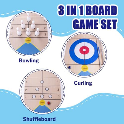 Shuffleboard, Curling and Bowling 3 in 1 Board Game Set,with 8.98 Foot Game Mat,2 Cues,8 Curling Rocks,6 Bowling Pins,Fun Family Game - size: 8.98'L