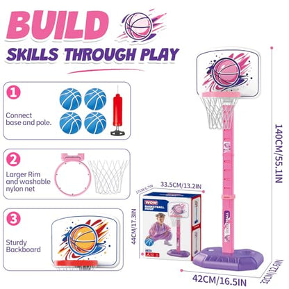 YESHIN Toddler Basketball Hoop Adjustable Height 30-55 Inch with 4 Balls, Large Stable Water-Fill Base, Indoor Outdoor Poolside Kids Basketball Goal for Boys Girls Ages 1-8 Birthday Gift -Pink - color: Pink