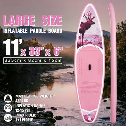 FEATH-R-LITE Inflatable Paddle Board Stand Up Paddleboards for Adults SUP with Premium Accessories Pump, Adjustable Paddle, Leash, Three Fins, Backpack - style: Blush Moose