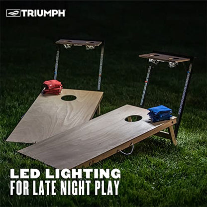 Triumph 2x4 Cornhole Set with Integrated Caddy and LED Lights – Full-Size Cornhole Boards with Cup Holders, Snack Shelf, Score Tracker, and 8 Toss Bags for Backyard, Tailgates, and BBQ Parties
