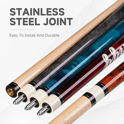 HMQQ Maple Pool Cue Sticks 4-Pack, 58" Billiard Cues in 18/19/20/21oz, Solid Maple Wood Pool Sticks for Home Bar Game Room – Durable, Smooth Grip, Multiple Color Options