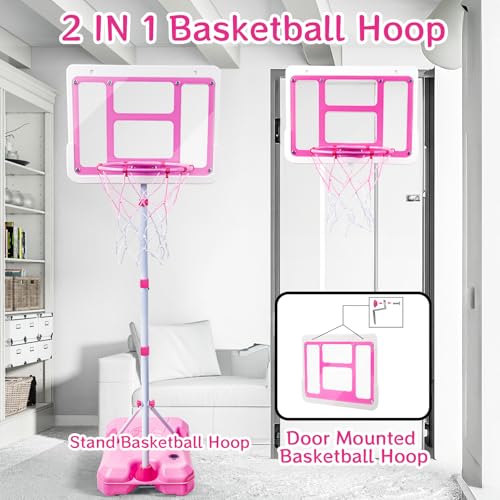 Kids Basketball Hoop with Stand, Adjustable Height 3.5FT-6.2FT Toddler Basketball Hoop, Basketball Goal Outdoor Indoor Toys for Girls Age 3 4 5 6 7 8 Years Old Gifts(Pink) - color: Pink