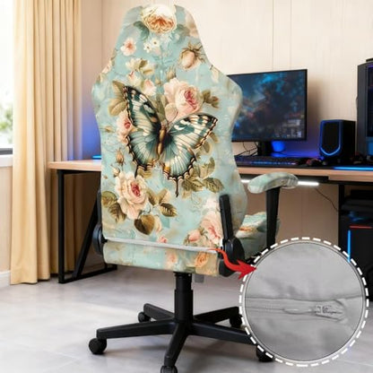 Suobstales Butterfly Flower Pattern Jacquard Gaming Chair Slipcover, Stretch Computer Chair Cover with Armrest Covers Cat Scratch Proof Desk Chair Cover for Office Desk Chair - color: Butterfly Flower
