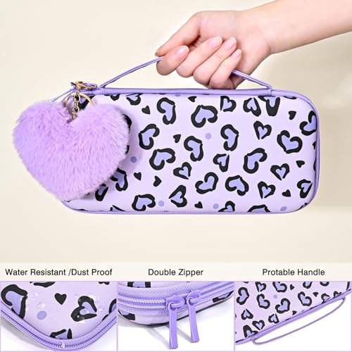 DLseego Love Leopard Carrying Case for Switch OLED 2021 Accessories Set, Portable Carrying Case with 1 Soft TPU Shell & 1PCS Plush Pendant & 12 Slots & 4PCS Cat Paw Thumb Grips Caps - Purple - color: Purple