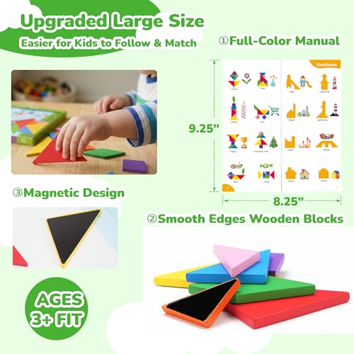 BenBen Travel Tangram Puzzle with Magnetic Wooden Shapes for Kids 4-8 8-12 | Extra Large Dual-Sided Magnet Surface, Color Pattern IQ Book, Road Trip Car Plane Game, Educational STEM Toys for Kids Adults - style: 7 Pieces Blocks