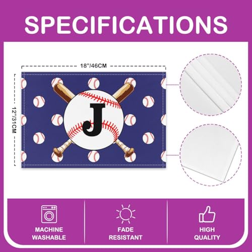 Baseball Place Mats 12x18 Inch Set of 4 Black Initial Letter J Table Mats for Boys Teens Adults Baseball Bat Game Sports Kitchen Mats for Dining Table - color: Blue J