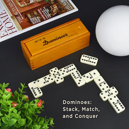 Queensell Dominos Set for Adults – Dominoes - Classic Board Games, Double 6 Dominoes Family Games for Kids and Adults - Double Six Standard Dominos Set 28 Tiles with Wood Case, Juegos de Mesa - style: Medium
