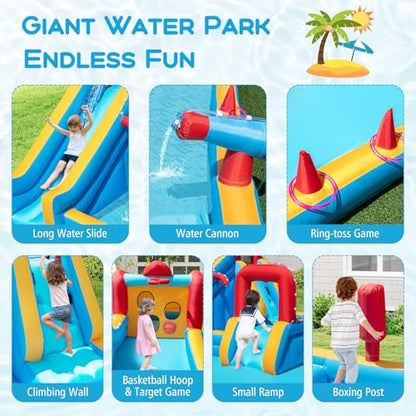 BOUNTECH Inflatable Water Slide Park, 9-in-1 Mega Water Bounce House Bouncy Castle w/2 Large Splash Pools, Basketball, Blow up Water Slide Inflatables for Big Kids Aged 3-12 Backyard Party Gifts - style: Without Air Blower