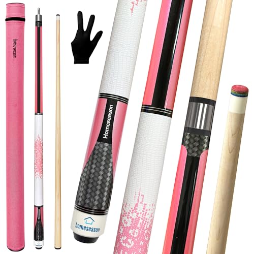 HomeSeason 58in 2-Piece Pool Cue, 18/19/20/21oz Professional Maple Billiards Stick 3D Printed Lizard Grip with Case, 12.5mm Tip Stainless Steel Quick Screw - color: 19oz(Pink)