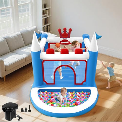 Kids Bounce House with Ball Pit, Basketball Hoop, Target Game and Ring Toss Game PVC Jumping Castle with Electric Air Pump 98”x 70”x 65” Trampoline for Ages 3-8 Indoor or Outdoor Play