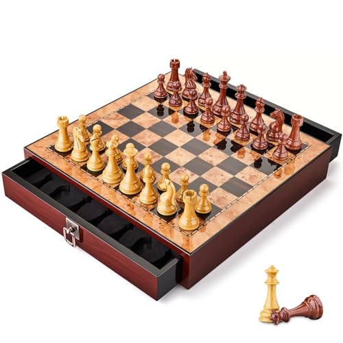 AMEROUS 17 inches Wooden Chess Set with High Polymer Weighted Chess Pieces / 2 Built-in Storage Drawers / 2 Extra Queens / 3.75'' King, Classic Board Game