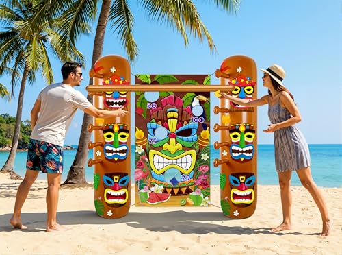 2 Sets Hawaiian Luau Party Decorations – Summer Tiki Theme Inflatable Limbo with Toss Game Set for Adults, Pool Party, Tropical Beach Birthday Accessories