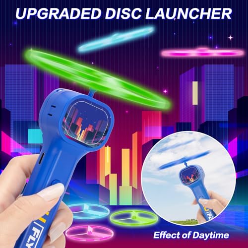 Rechargeable Disc Launcher with 6 Flying Spinners for Outdoor Activities Game White Elephant Gift Fidget Toys (Blue) - color: Blue