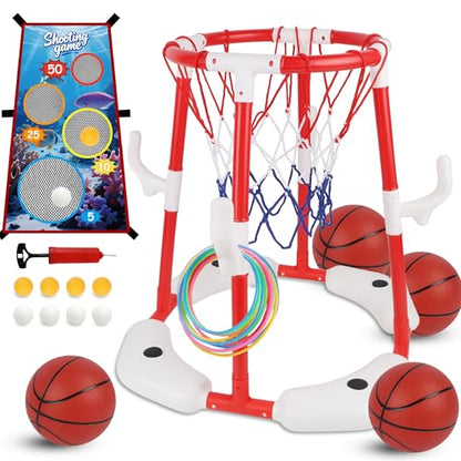 yofit 3-in-1 Pool Basketball Hoop Set, Floating Pool Toys with 14 Balls 12 Rings Toss Games Pump, Outdoor Summer Basketball Game at Swimming Poolside for Kids Ages 4-12 Adults Family Fun - color: Red