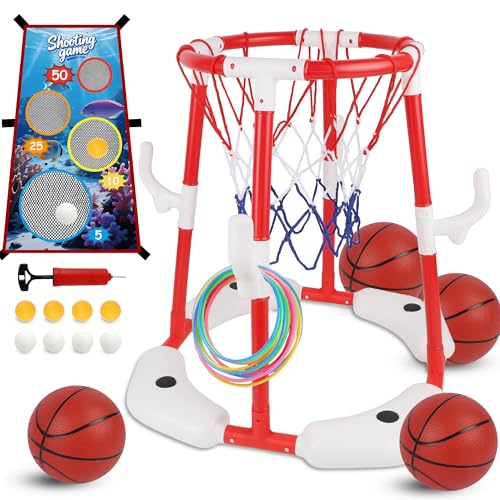 yofit 3-in-1 Pool Basketball Hoop Set, Floating Pool Toys with 14 Balls 12 Rings Toss Games Pump, Outdoor Summer Basketball Game at Swimming Poolside for Kids Ages 4-12 Adults Family Fun - color: Red