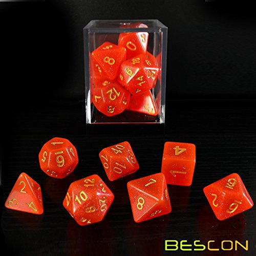 Bescon Intensive Glitter DND Dice 7pcs Set Royal RED, New Glitter RPG Dice Set d4 d6 d8 d10 d12 d20 d%, Brick Box Packaging - color: Royal Red Set