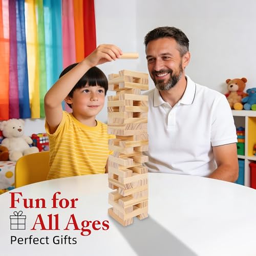 Offelec Wooden Blocks Stacking Games - 54 pcs Tumbling Tower Blocks Game for Kids & Adults, Family Board Games, Montessori Toys with Natural Wood Blocks, Portable Stacking Toys Party Games - style: Color Box